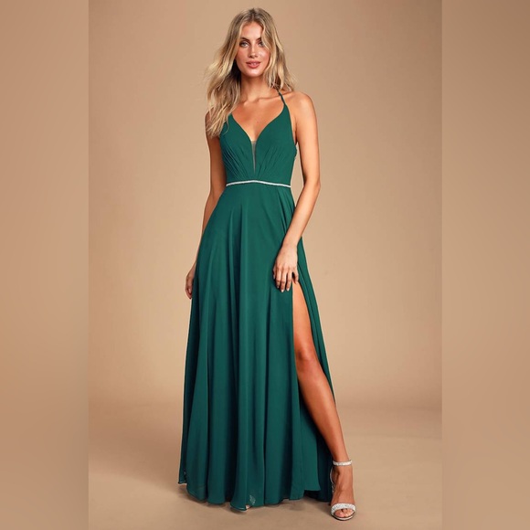 She's Gorgeous Emerald Green Rhinestone Lace-Up Maxi Dress - Picture 1 of 4
